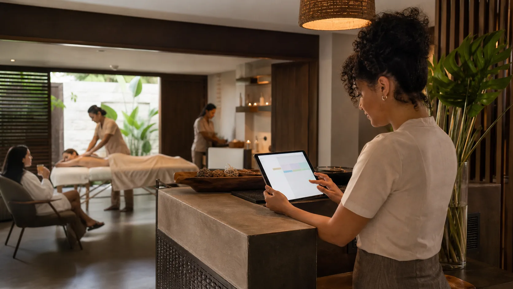 Recepción de un spa premium durante la atención a una clienta
