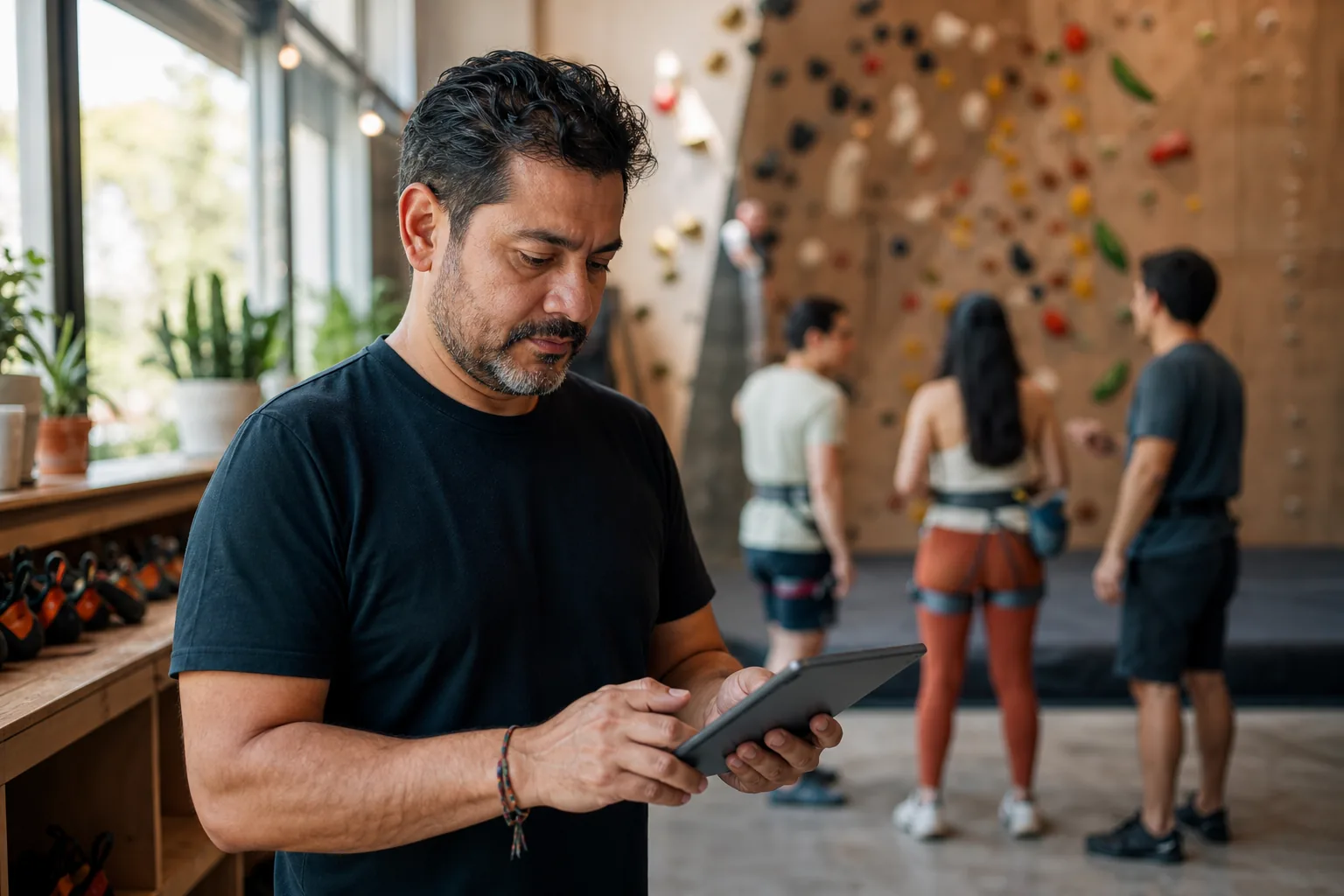 Servicios con cita: responsable de un centro de escalada revisando la agenda en una tablet mientras un grupo entrena al fondo