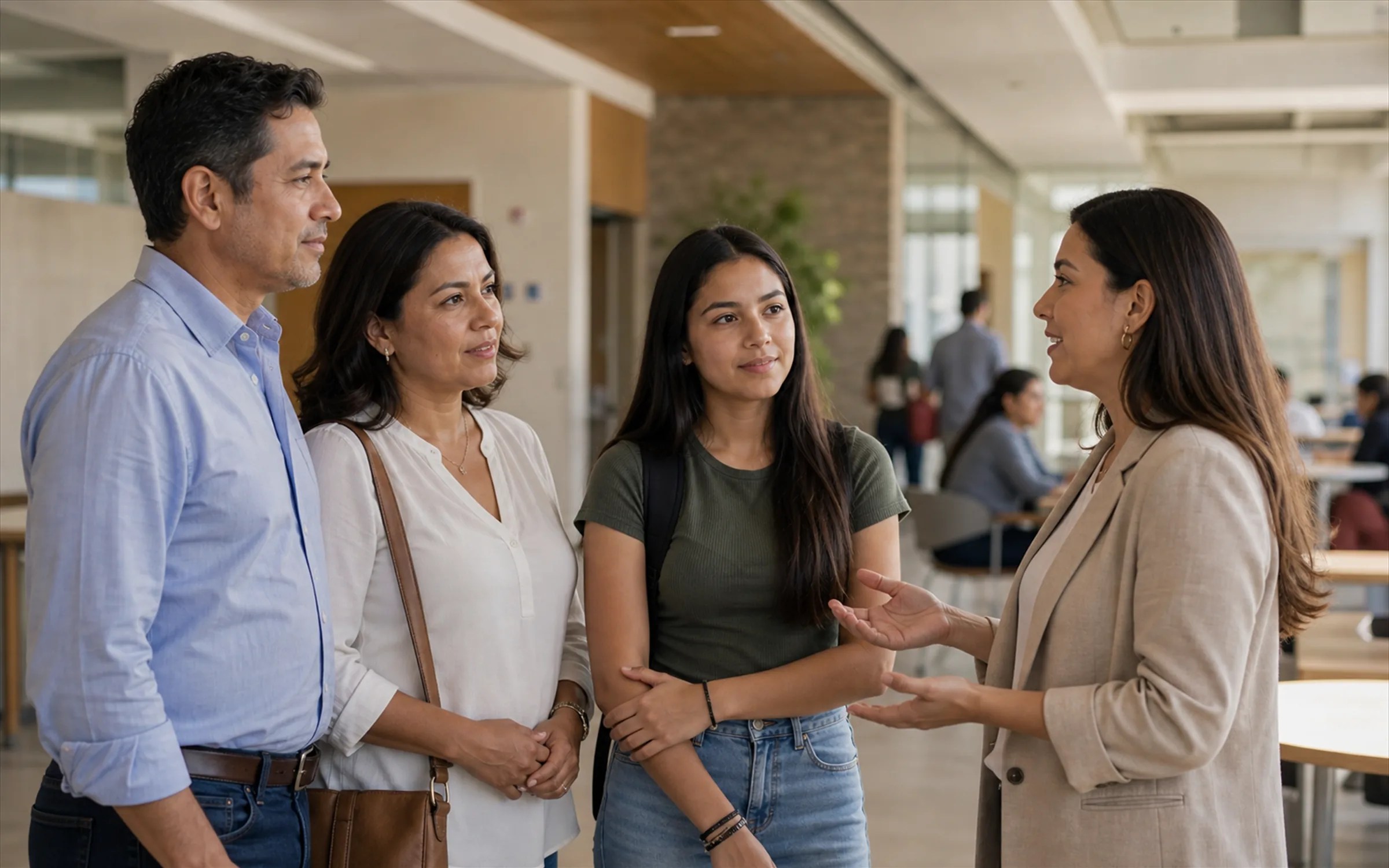 Asesora de admisiones conversando con una familia en una oficina