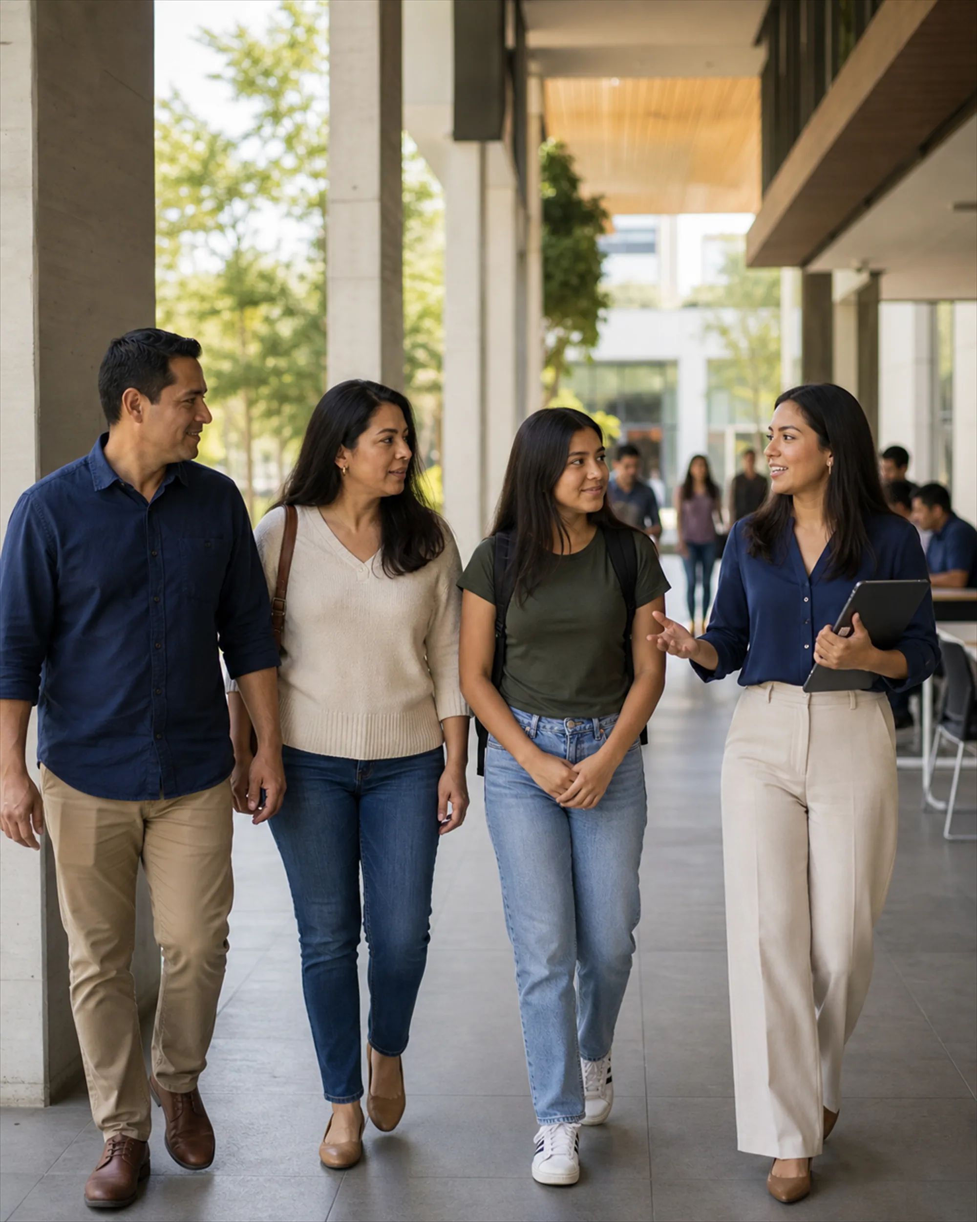 Peakative Educación: familia recorriendo el campus de una institución educativa acompañada por una asesora