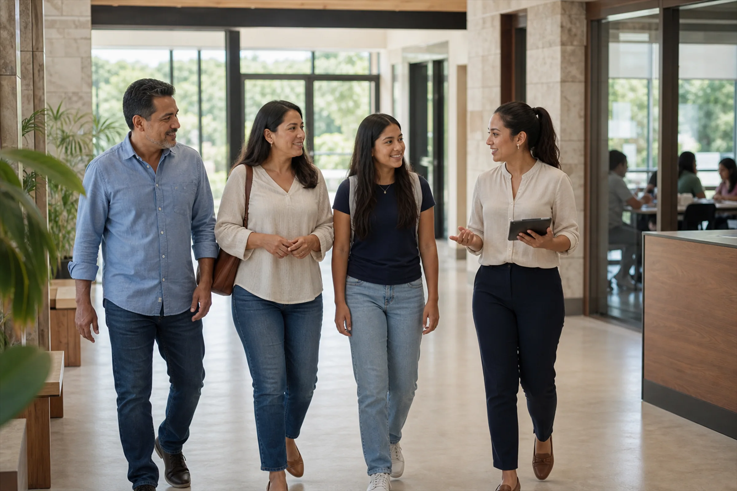 Familia recorriendo el campus de una institución educativa acompañada por una asesora