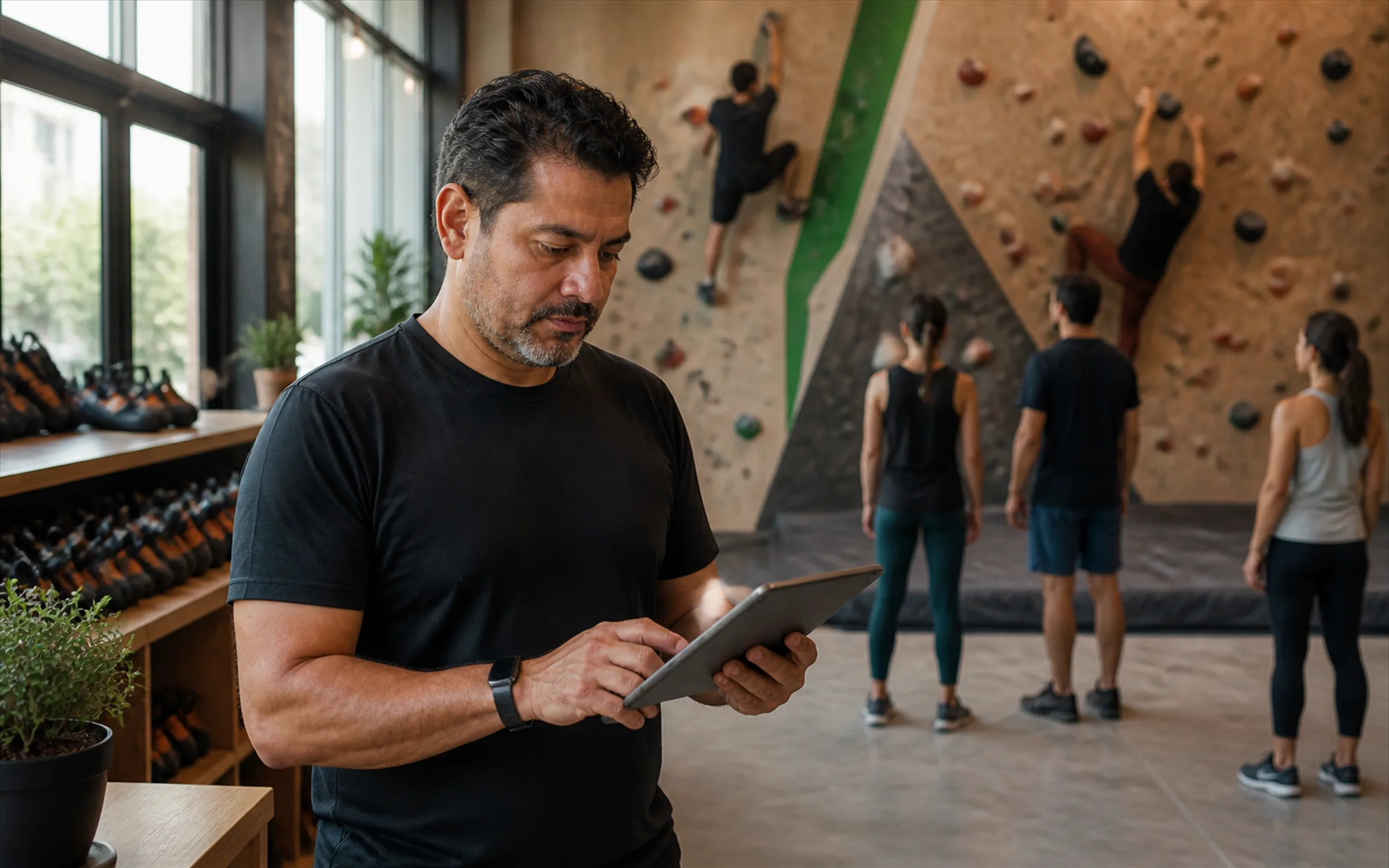 Responsable de un centro de escalada revisando la agenda en una tablet mientras un grupo entrena al fondo