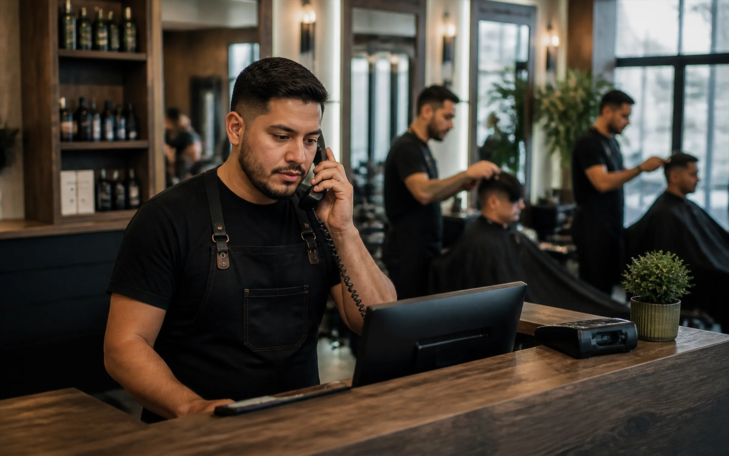 Barbero atendiendo una consulta telefónica en el mostrador de una barbería