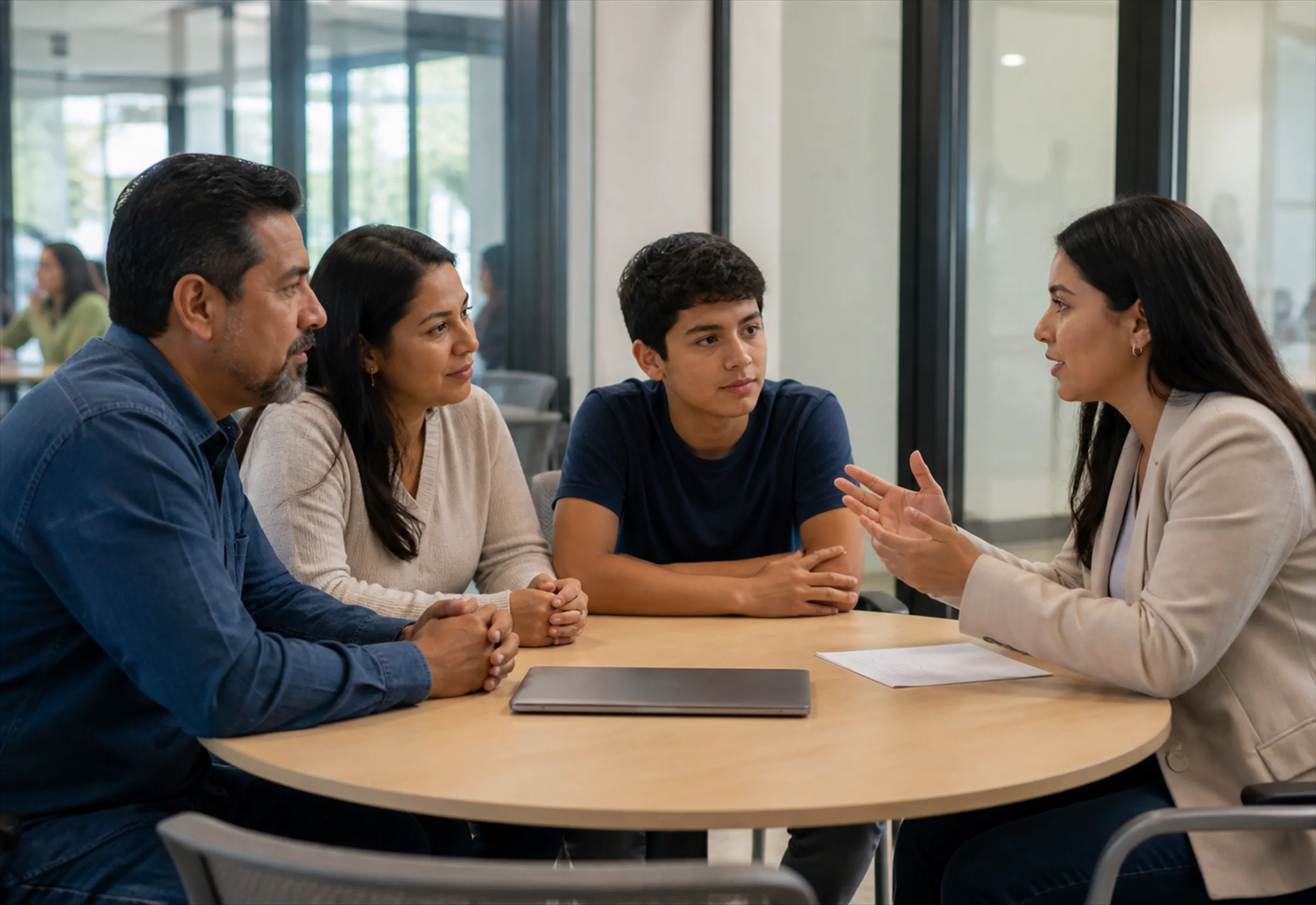 Asesora de admisiones conversando con una familia durante una consulta informativa