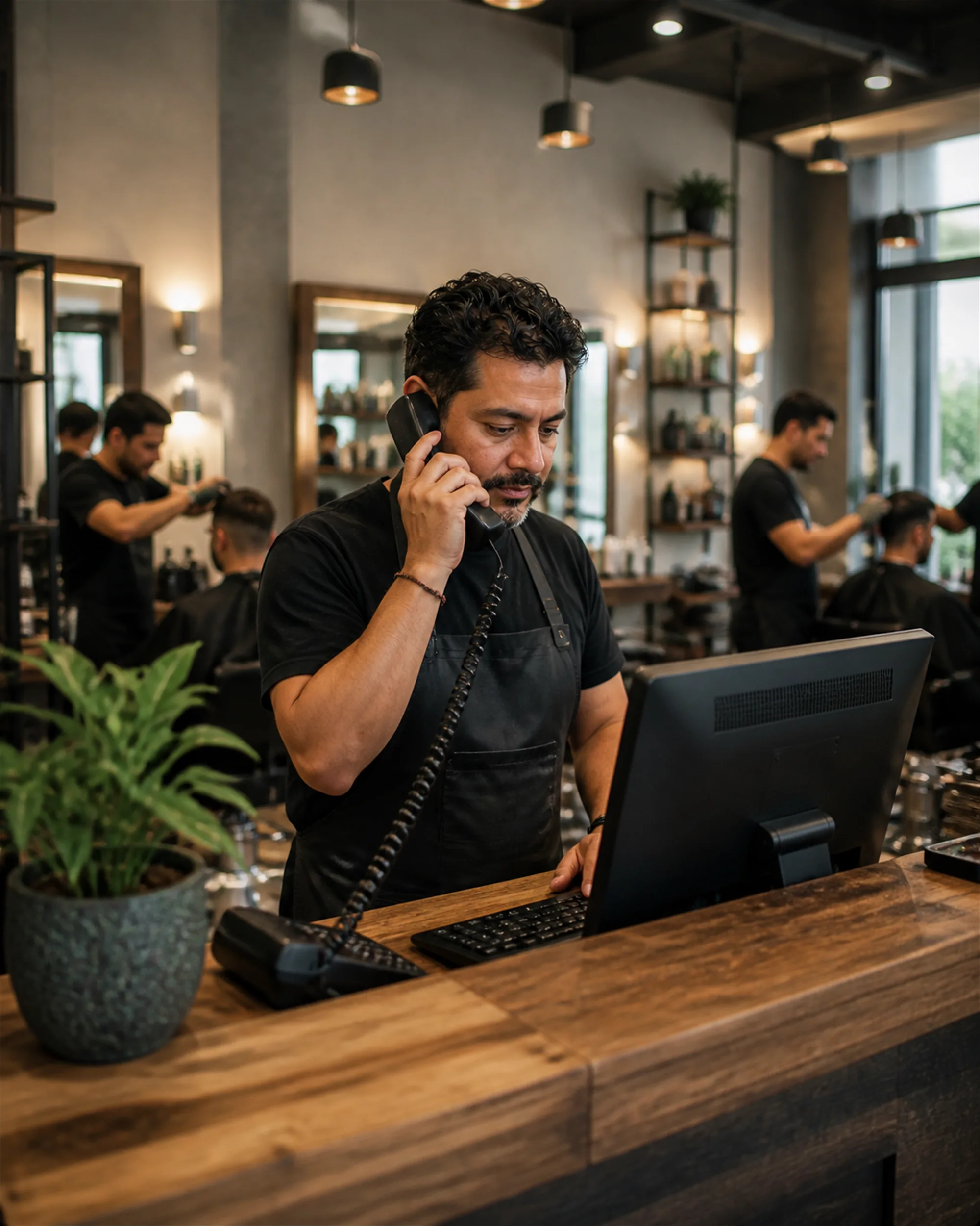 Peakative Reservas: barbero atendiendo una consulta de reserva por teléfono desde el mostrador de la barbería