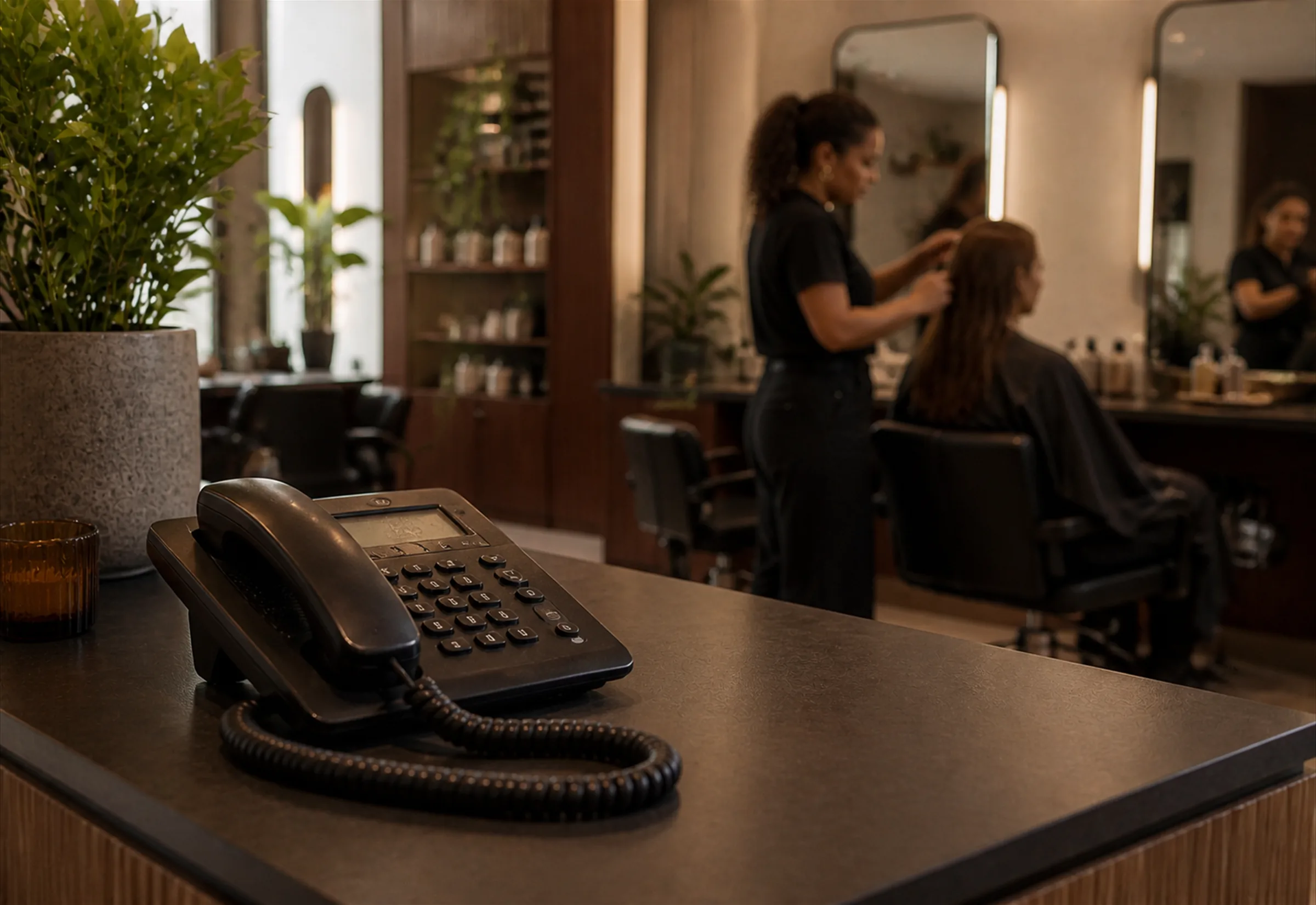 Teléfono sonando en el mostrador de un salón mientras el personal atiende a otra clienta