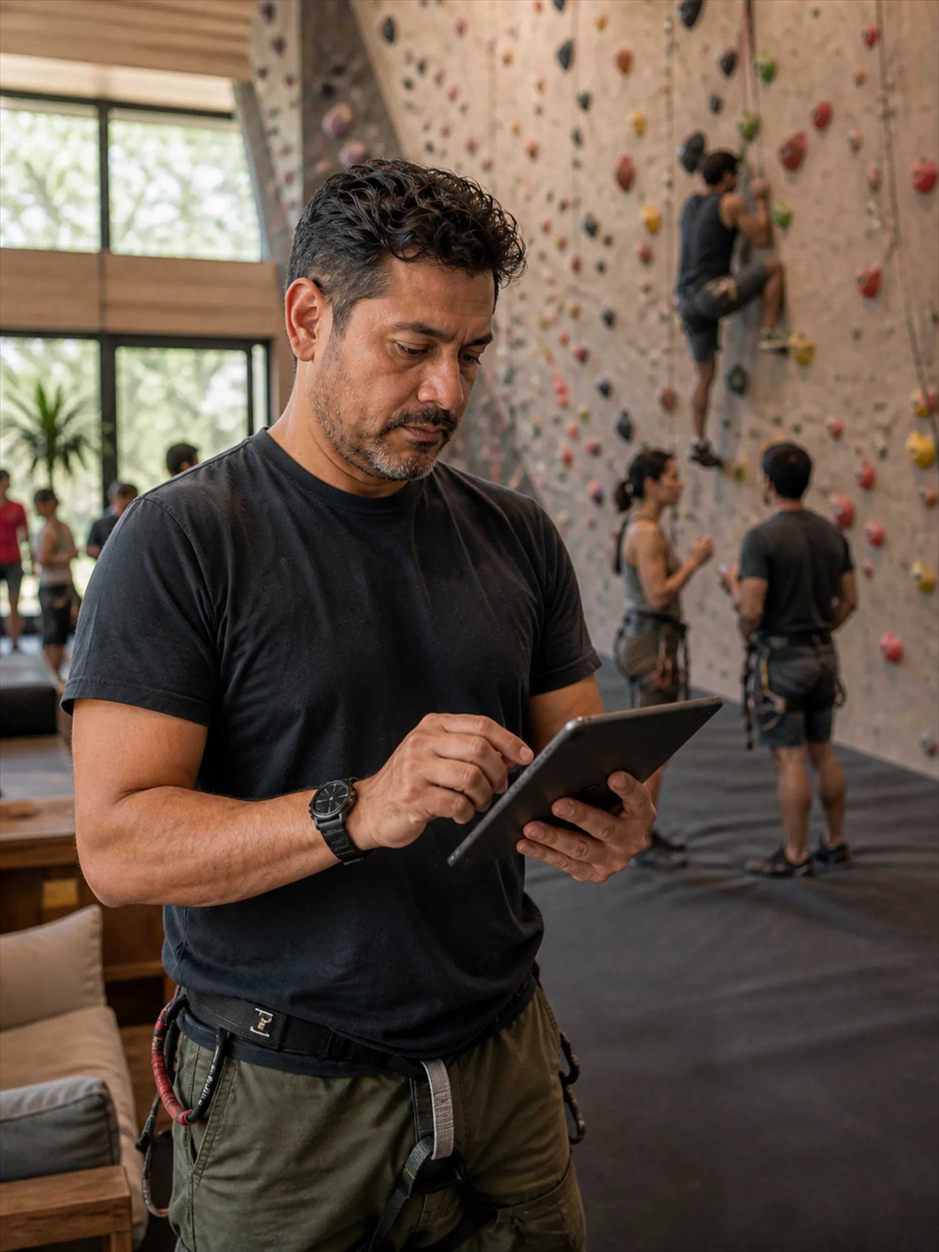 Encargado de un centro de actividades revisando la ocupación en una tablet junto al muro de escalada