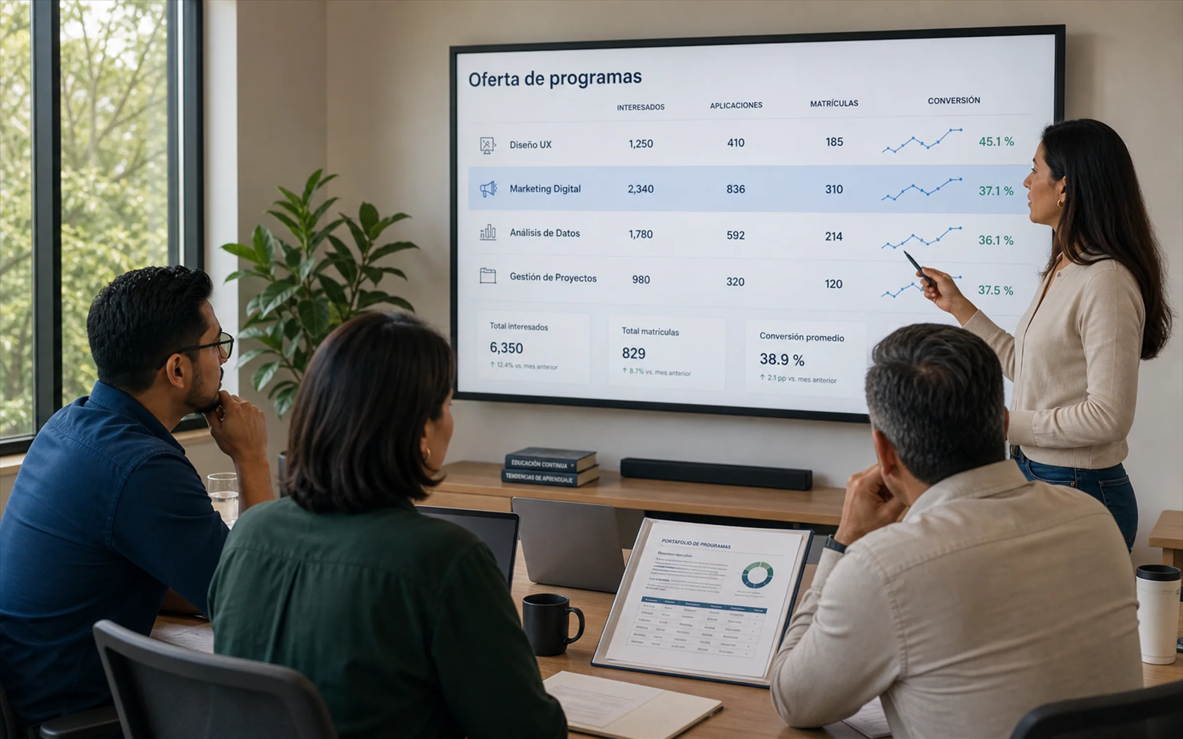 Equipo revisando la oferta de programas y sus resultados en una pantalla durante una sesión de trabajo