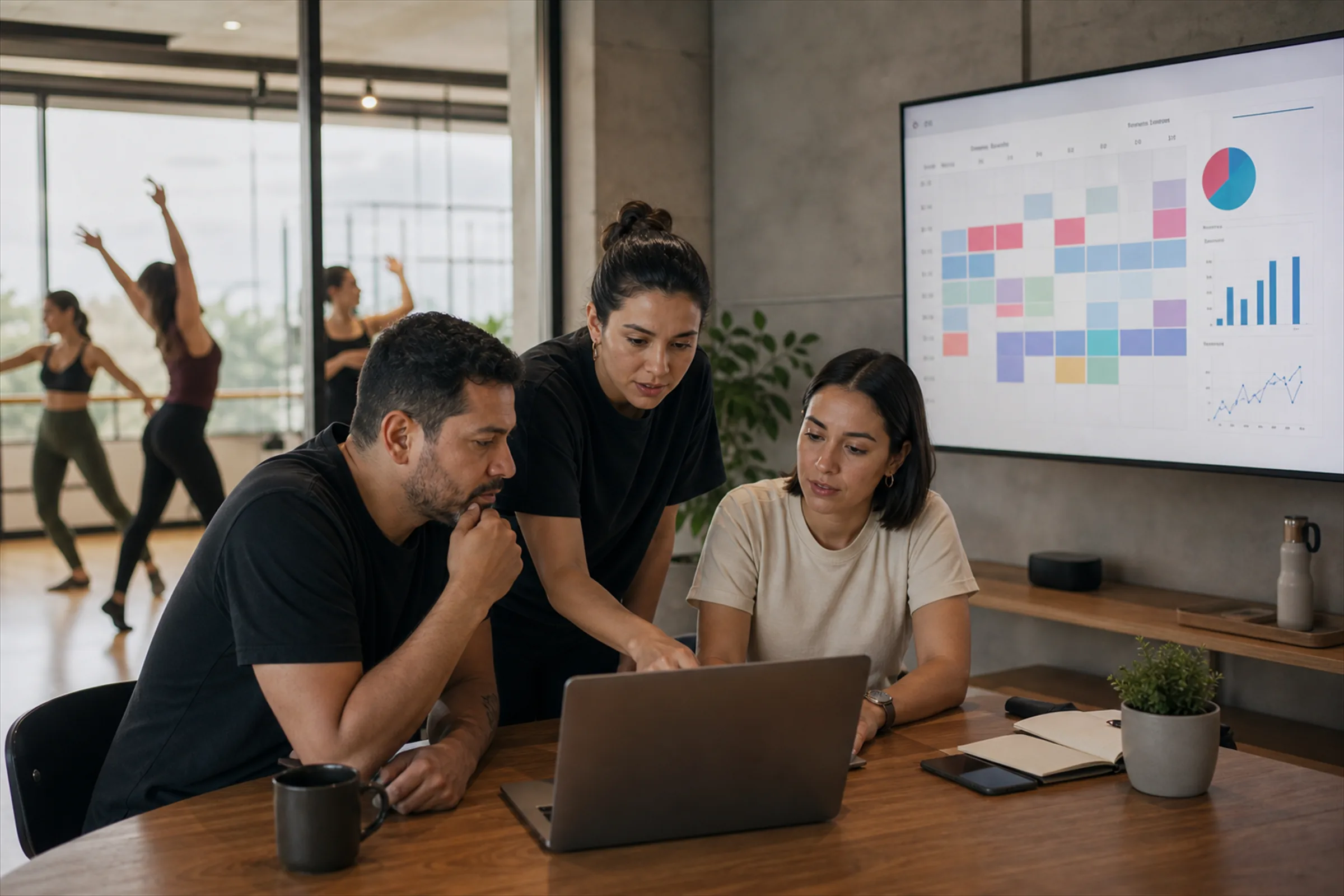 Formación corporativa B2C: profesionales revisando un plan de programa y sus resultados en una pantalla durante una sesión de trabajo