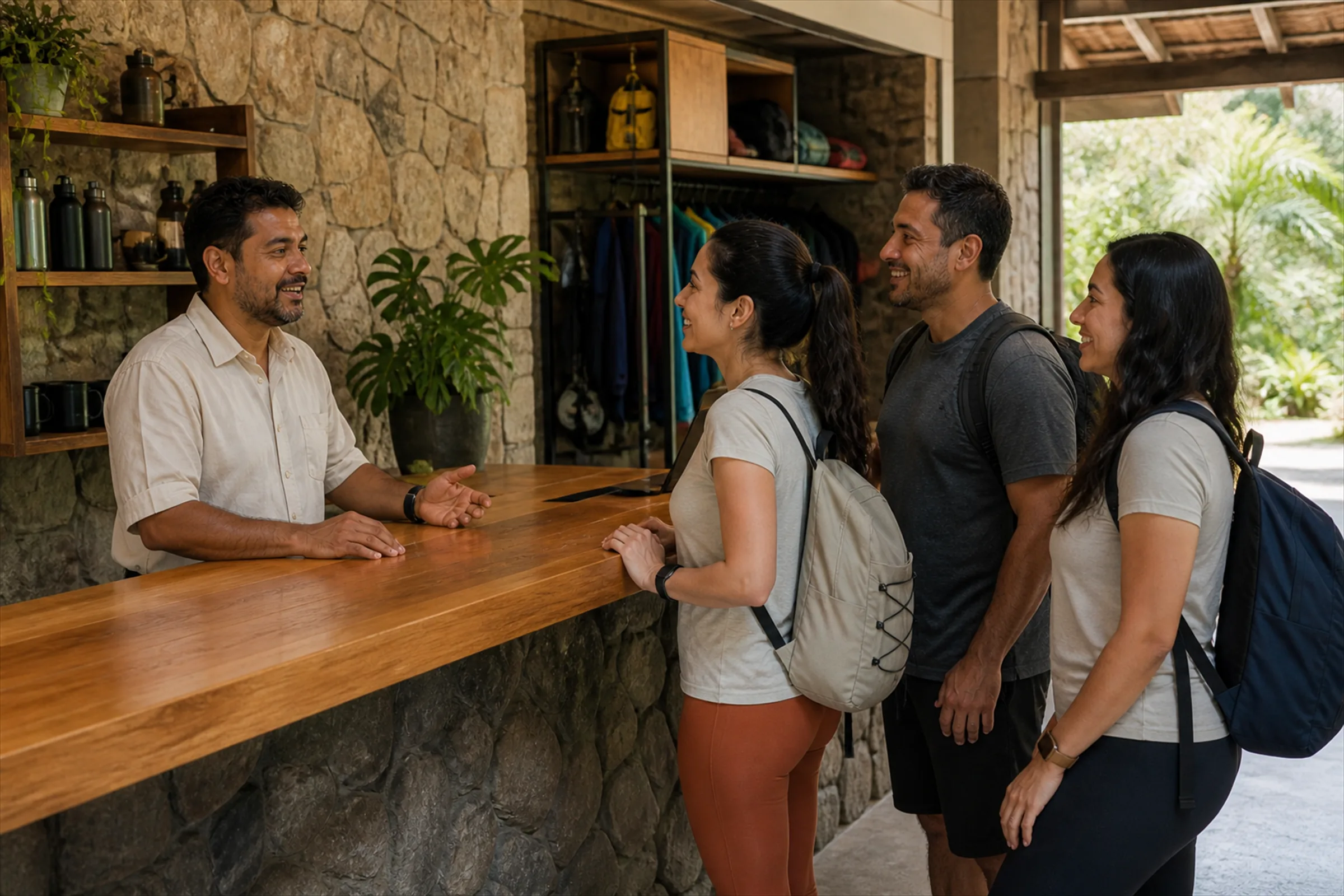 Experiencias y actividades: mostrador de un operador de experiencias durante la despedida de un grupo de clientes
