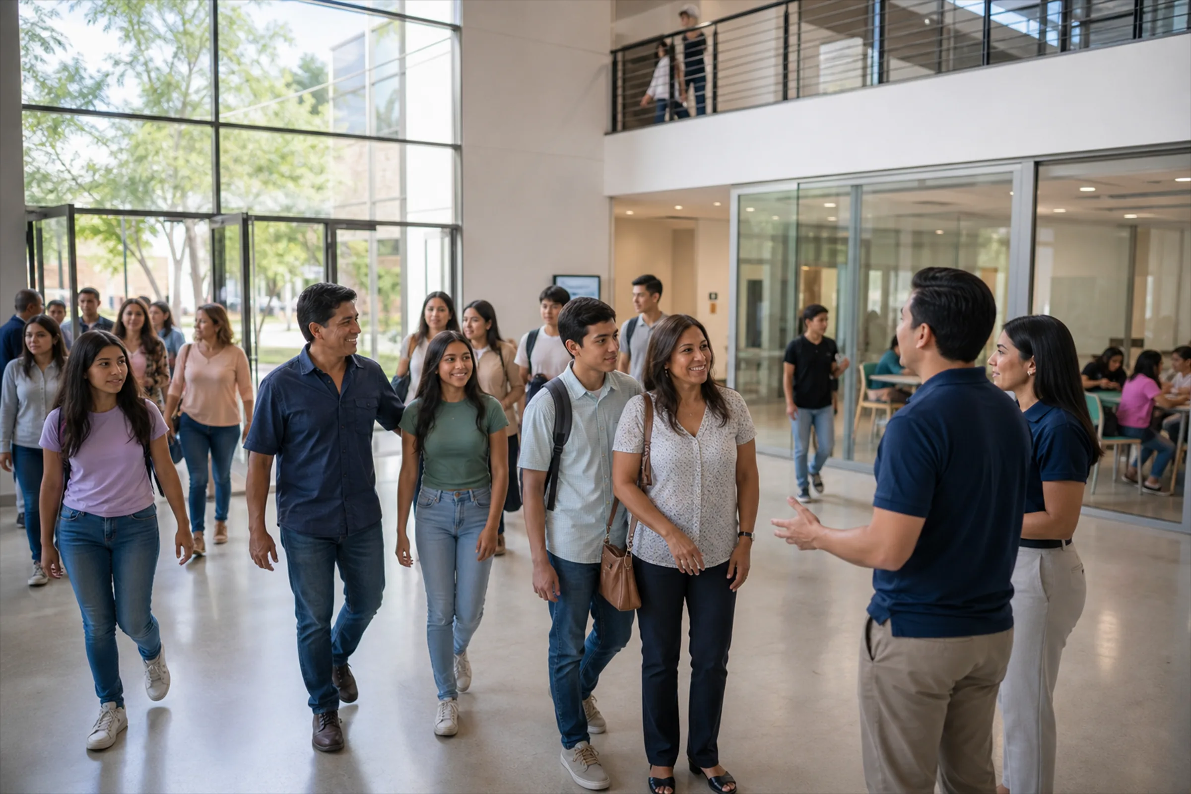 Asesor de admisiones conversando con un estudiante en un pasillo del campus