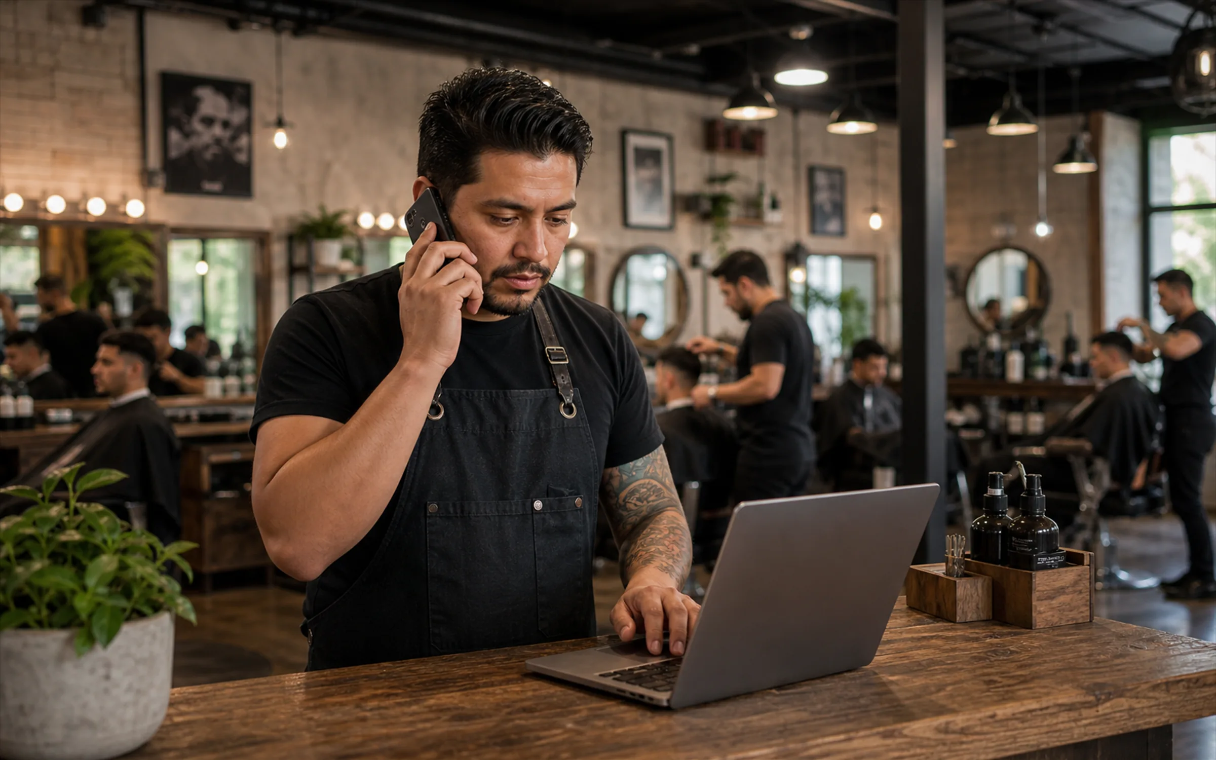 Barbero atendiendo una consulta por teléfono junto a un portátil en el mostrador