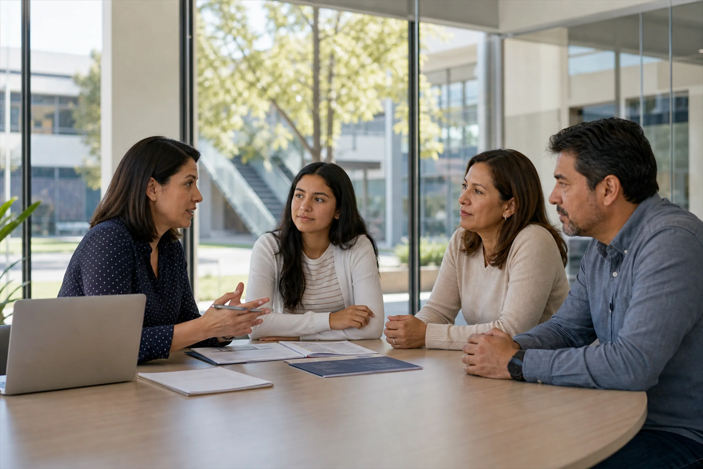 Servicios: asesora de admisiones conversando con una familia en una sala de la institución