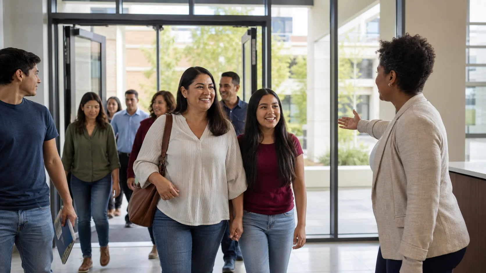 Open house de una institución educativa con familias recorriendo las instalaciones