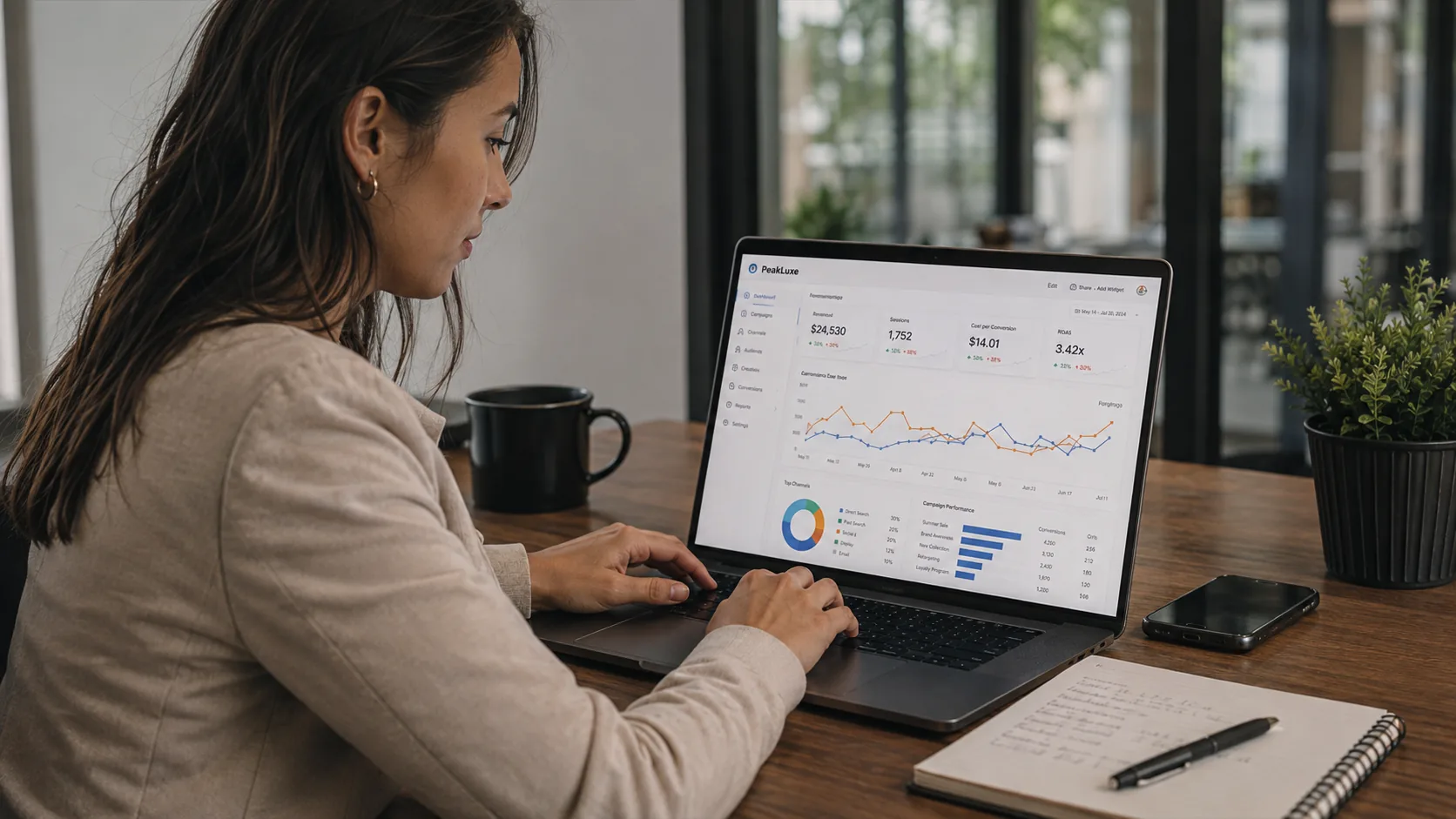 Responsable de marketing trabajando con el portátil